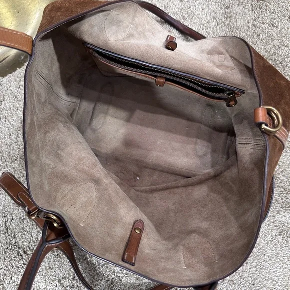 Polo Ralph Lauren Bellport Suede Leather Medium Tote Bag Brown Adjustable Strap - Picture 15 of 16